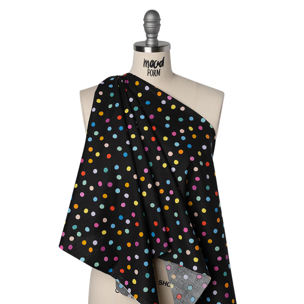 Printed Quilting Cotton by Ghazal Razavi for FIGO Studio - Black and Rainbow Pom Poms - Dusk Collection - Joann Fabrics