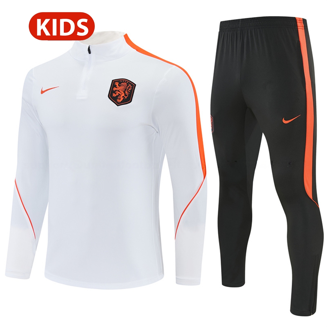 Netherlands 2026 Kids Long Sleeves Training Set - White With Orange Accents Top & Black Pants - UnitedFutballJersey