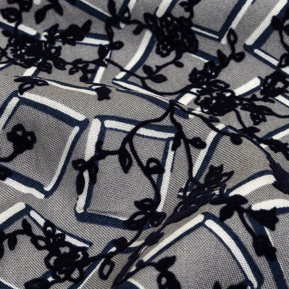 Gray, White and Navy Flocked Florals on Tossed Squares Printed Viscose Woven - Joann Fabrics