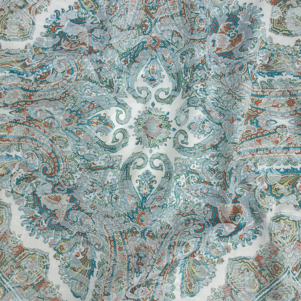 Stretch Floral Jacquard Print - Turquoise and Orange Ornate Medallions - Mood Exclusive Interlocking Configurations - Joann Fabrics
