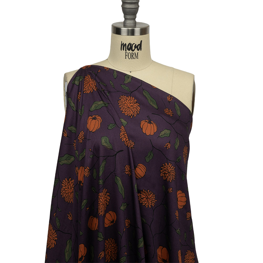 Rayon Challis - Purple and Orange Pumpkins and Flowers - Chrysanthemum Crisp Print - Mood Exclusive Jack-O-Lantern Collection - Joann Fabrics