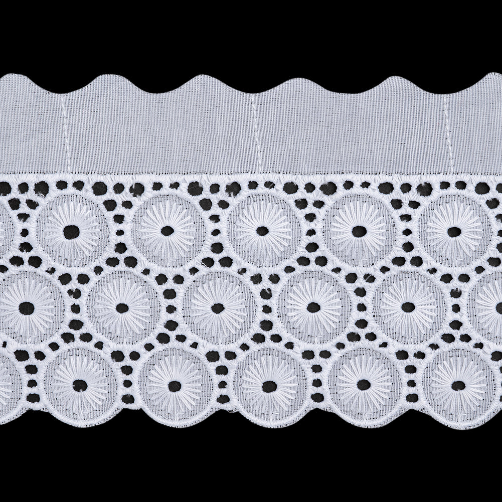 Cotton and Polyester Embroidered Eyelet Lace Trim with One Finished Scalloped Edge - 3.75