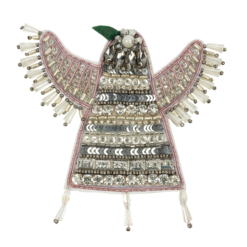 Silver and Pink Geometric Bird Rhinestone and Glass Beaded Applique - 3.875
