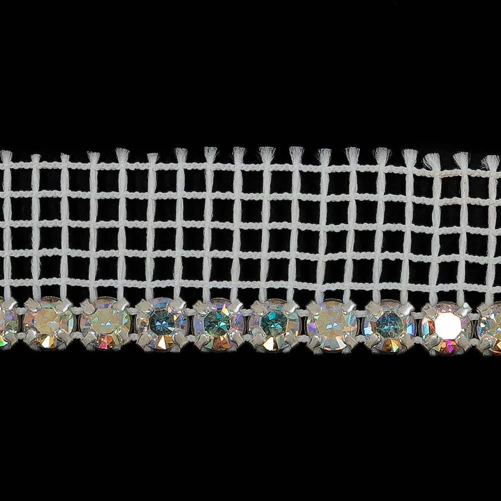 Vintage AB Crystal and Silver 1 Row Circular Rhinestones on White Mesh Trimming - 0.625