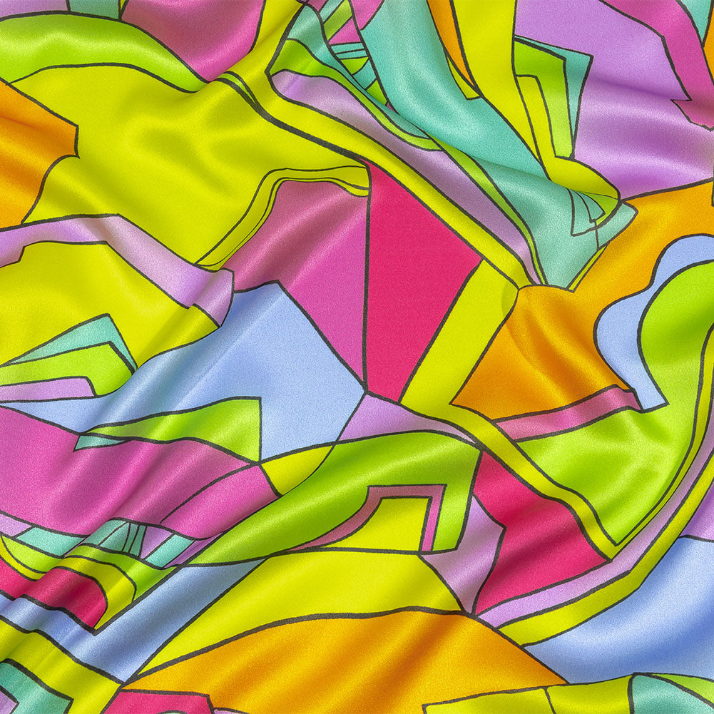 Italian Yellow, Pink, and Teal Geometric Abstraction Silk Charmeuse - Joann Fabrics