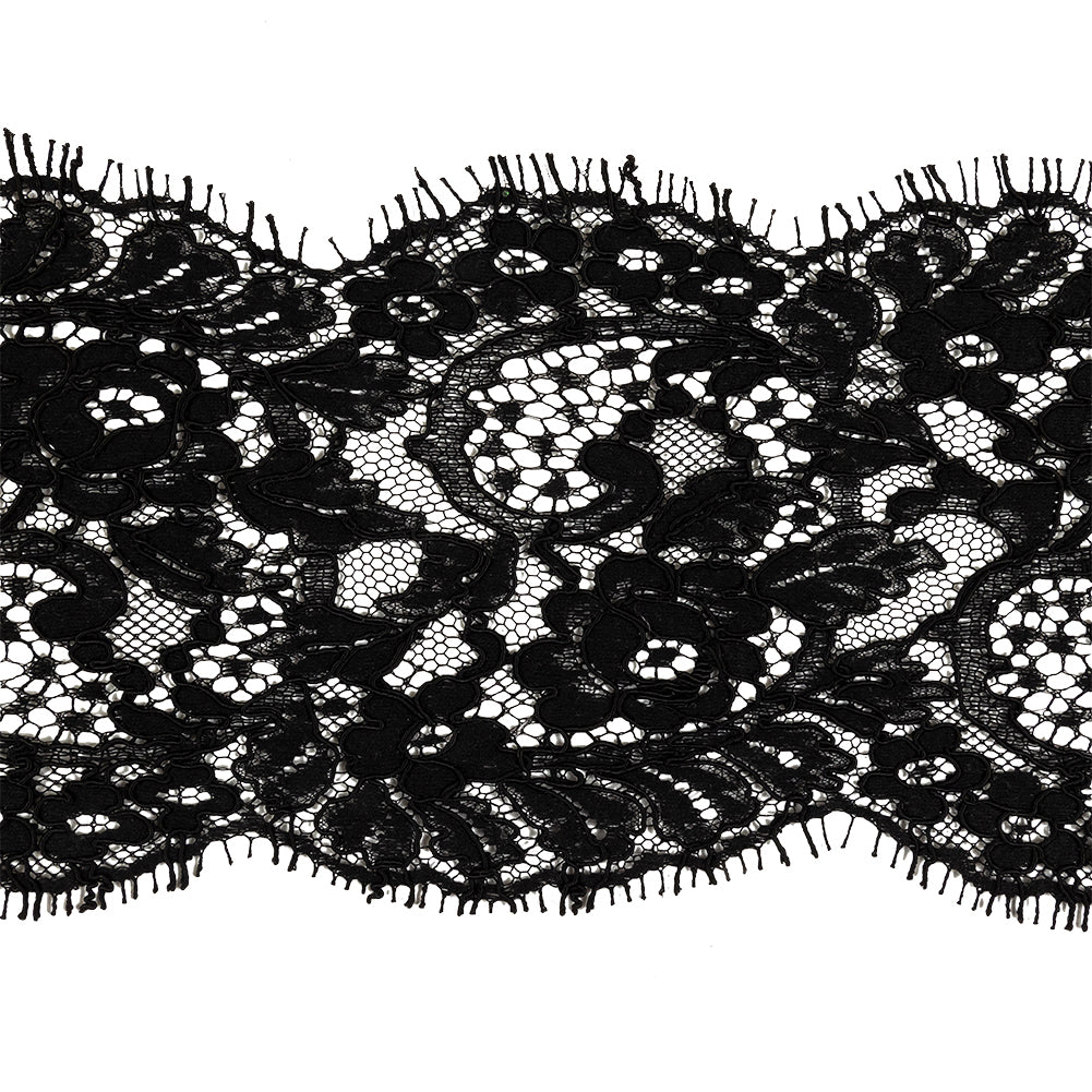 Black Floral Scalloped Corded Lace Trim with Eyelash Fringe - 4yds x 5.75