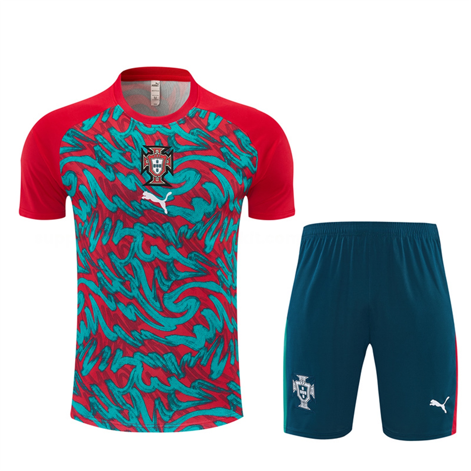 Portugal 2026 Short-Sleeve Training Set - Red And Turquoise With A Swirling Pattern Top & Pants - UnitedFutballJersey