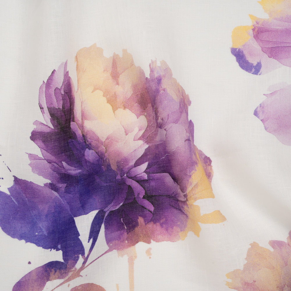 Medium Weight Linen Woven Print - Lilac Purple and Golden Yellow on White Wild Roses - Joann Fabrics