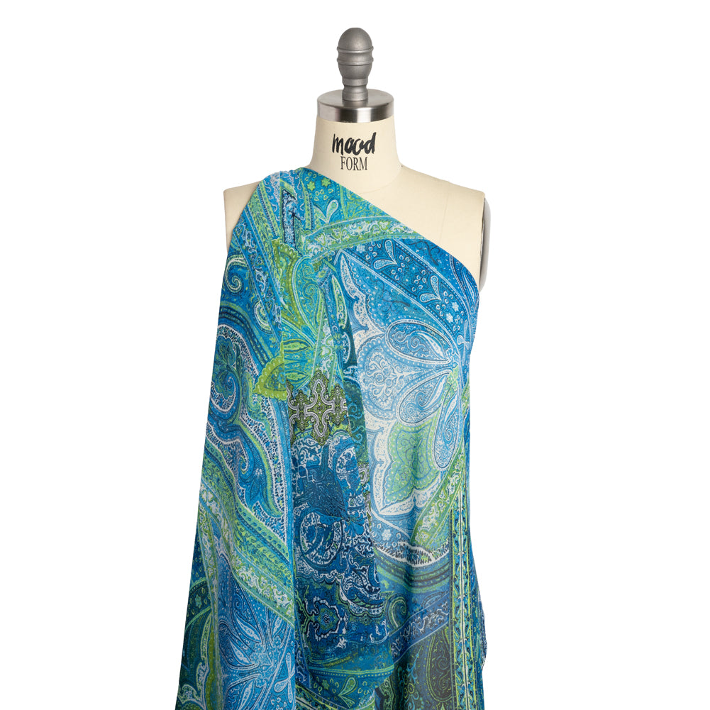 Polyester Chiffon - Blue and Green Ornate Paisley Patchwork - Designer Deadstock - Joann Fabrics
