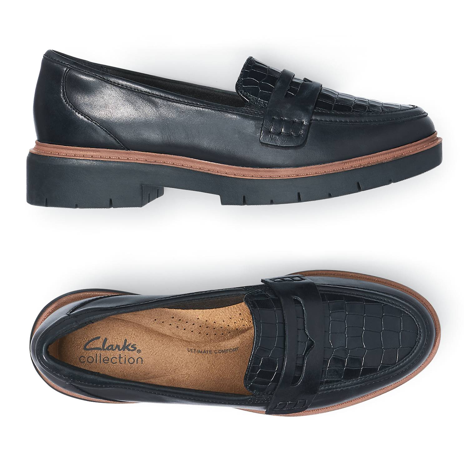 Clarks® Embossed Leather Loafers, Croc, Black - Northstyle Catalog
