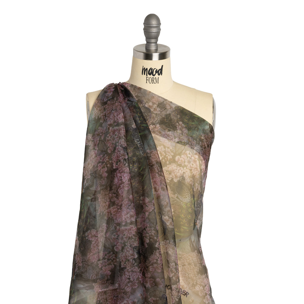 Polyester and Viscose Organza - Pink, Olive Green and Brown Peacocks and Blossoms - Joann Fabrics