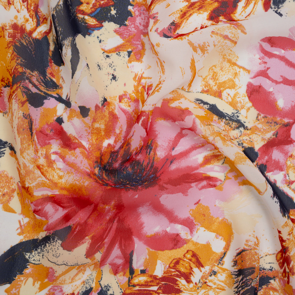 Polyester Chiffon Print - Goldenrod, Pink and Navy Painterly Florals - Designer Deadstock - Joann Fabrics