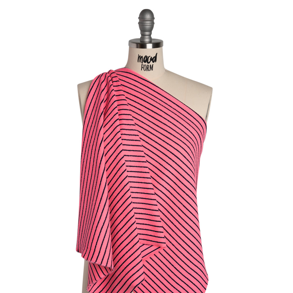 Stretch Nylon Textured Jacquard Knit - Neon Pink and Navy Blue Horizontal Stripes - Designer Deadstock - Joann Fabrics