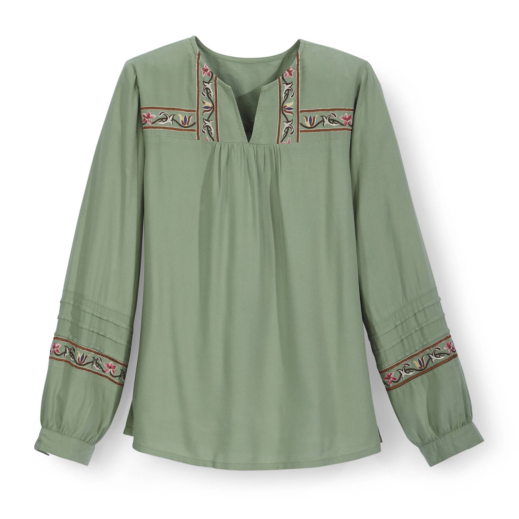 Embroidered Notched Neck Top, Long Sleeves, Side Slits - Northstyle Catalog