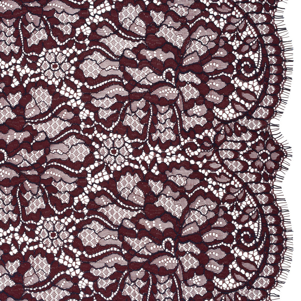 Corded Raschel Lace Panel with Finished Edges - Burgundy and Navy All-Over Flowers and Leaves - Joann Fabrics