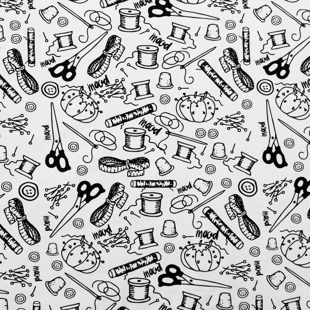 Stretch Carbon Brush Twill - White and Black Sewing Supplies - Sewing Knick Knacks Print - Mood Exclusive Haberdashery Collection - Joann Fabrics