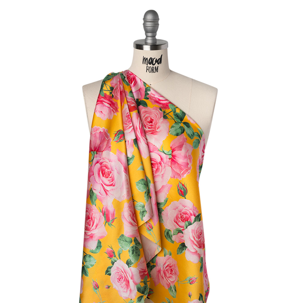 Silk Charmeuse Print 16MM, Made in Italy - Yellow, Pink and Green Bunches of Roses - Joann Fabrics