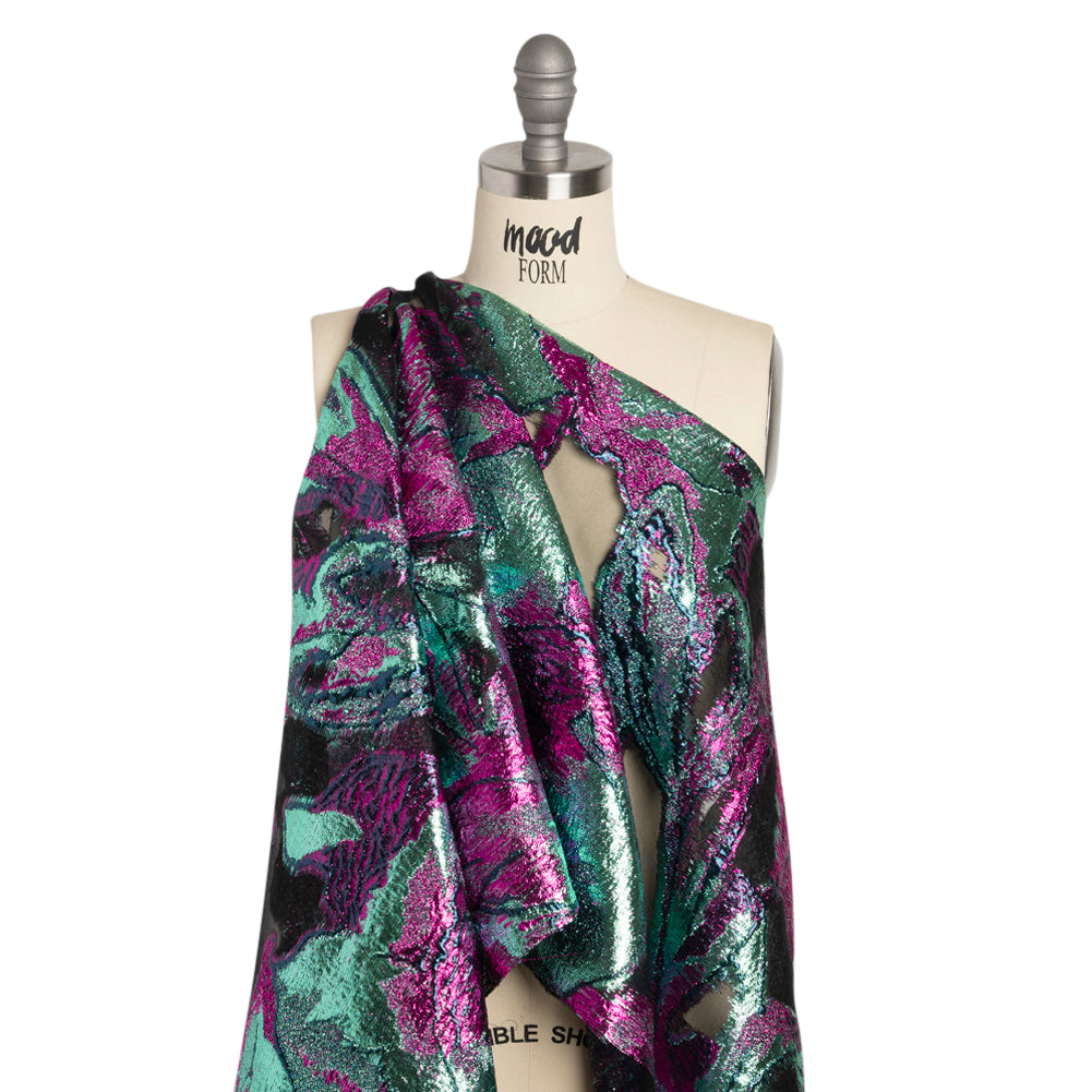 Metallic Aqua, Fuchsia and Navy Big Blooms and Leaves Luxury Burnout Brocade - Joann Fabrics