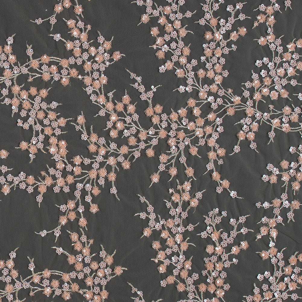Stretch Net with Sequins - Salmon and Silver Fancy Floral Clusters on Nude - Joann Fabrics