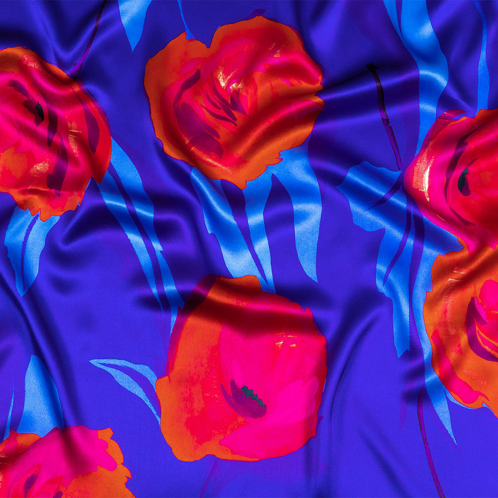 Mood Exclusive Italian Navy, Ultramarine and Magenta Abstract Roses Silk Charmeuse - Joann Fabrics