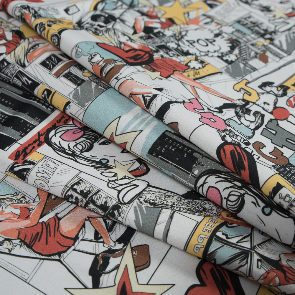 Stretch Cotton Sateen - Red and Yellow Comics - Coffee and Cars Print - Mood Exclusive Comic Collection - Joann Fabrics