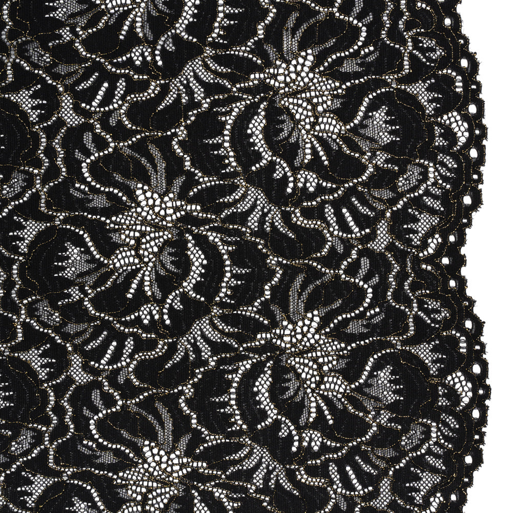 Stretch Metallic Corded Lace with Finished Edges - Black and Gold Bold Blooming Florals - Dania Collection - Joann Fabrics