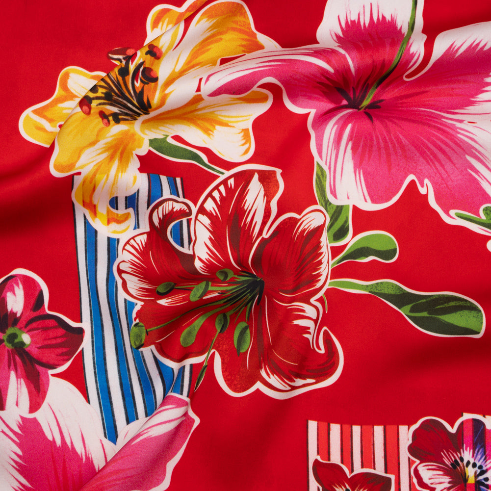 Polyester Satin - Red, Yellow and Blue Flowers and Striped Blocks - Mood Exclusive Linear Bloom Print - Joann Fabrics