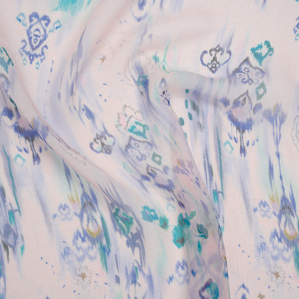 Crinkled Silk Chiffon Print - Pale Pink, Blue and Teal Green Ikat Geometric and Florals - Deadstock - Joann Fabrics