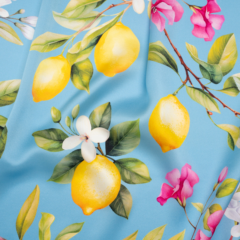 Silk Charmeuse Print 16MM, Made in Italy - Sky Blue, Green and Yellow Blossoming Lemon Tree - Joann Fabrics