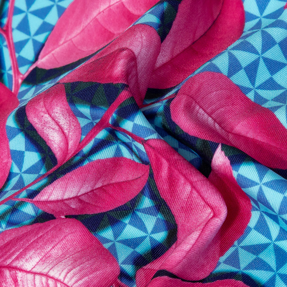Compression Swimwear Tricot, UV Protective with Aloe Vera Microcapsules - Pink Leaves and Blue Geometric - Caye Collection - Joann Fabrics