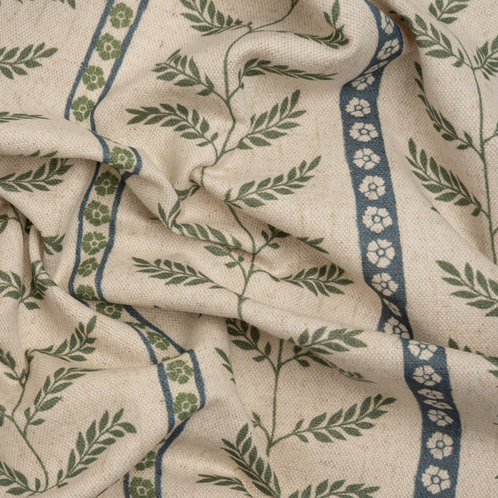 Brushed Cotton and Linen Canvas - Thyme Fern Leaves and Flower Stripes - British Imported - Joann Fabrics