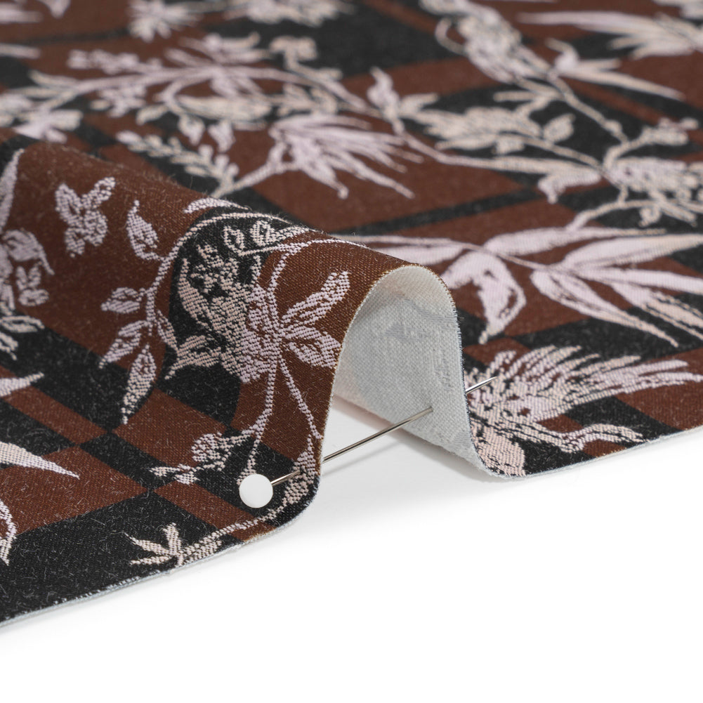 Stretch Flowers and Cranes Jacquard Print - Brown and Black Plaid - Mood Exclusive Long Live - Joann Fabrics