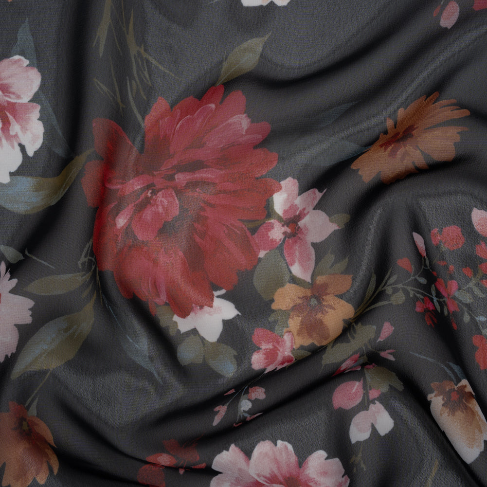 Polyester Chiffon Print - Black, Red and Pale Pink Floral - Designer Deadstock - Joann Fabrics