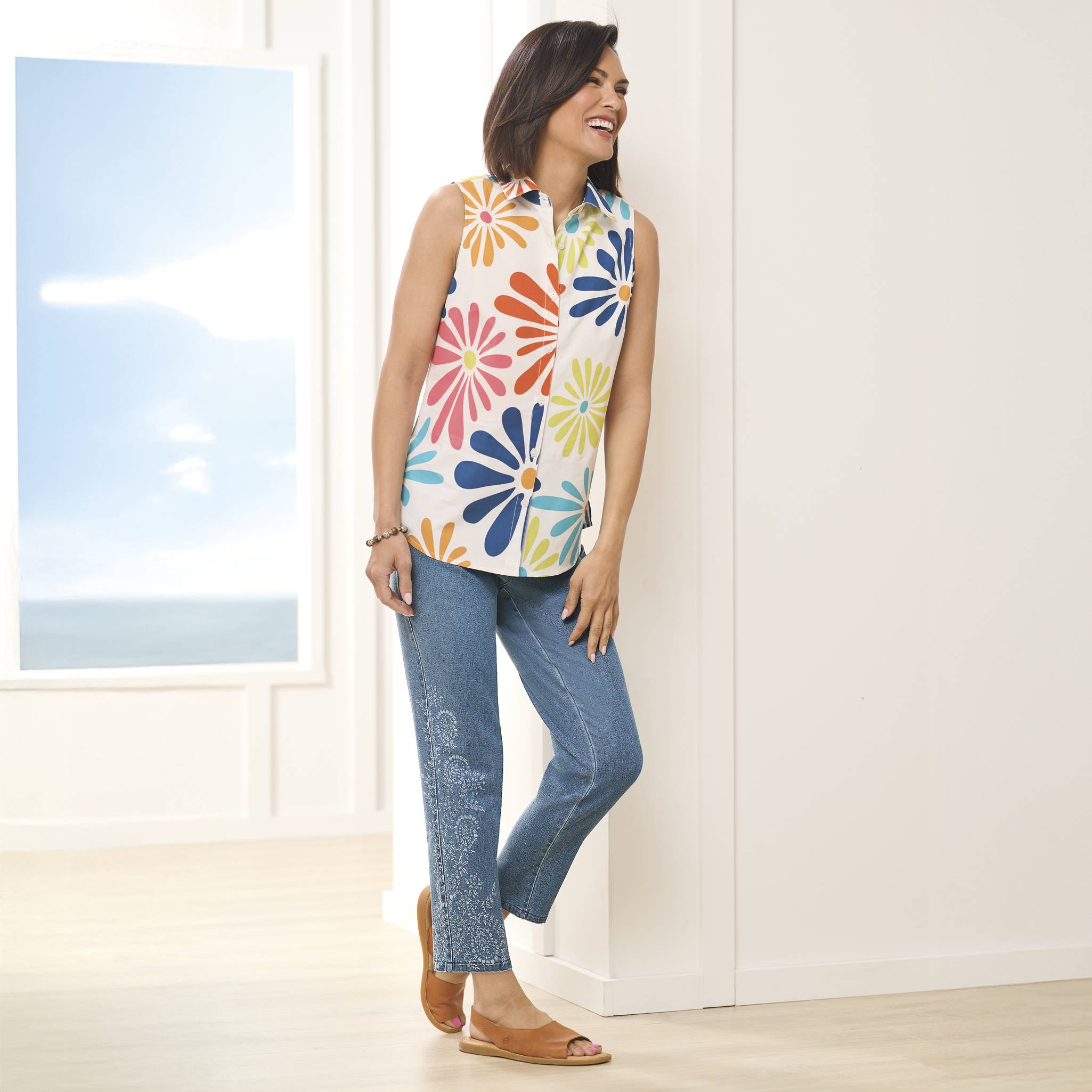 Lush Floral Sleeveless Cotton Poplin Top, Button Front, Side Slits - Northstyle Catalog