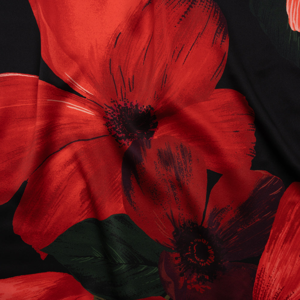 Silk Charmeuse Print - Black, Red and Green Big Poppies - Made in Italy - Joann Fabrics