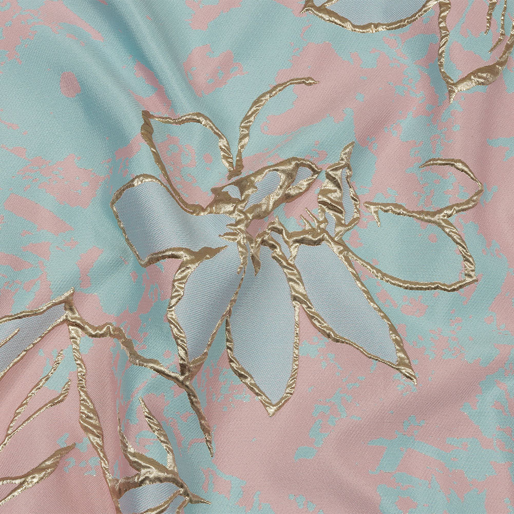 Metallic Gold, Pink and Sky Blue Mottled Floral Outlines Luxury Brocade - Joann Fabrics