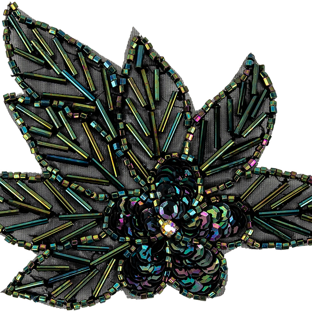 Vintage Green Iris Sequins and Multi-lined Bugle Beaded Floral Applique with Rhinestone Center - 4