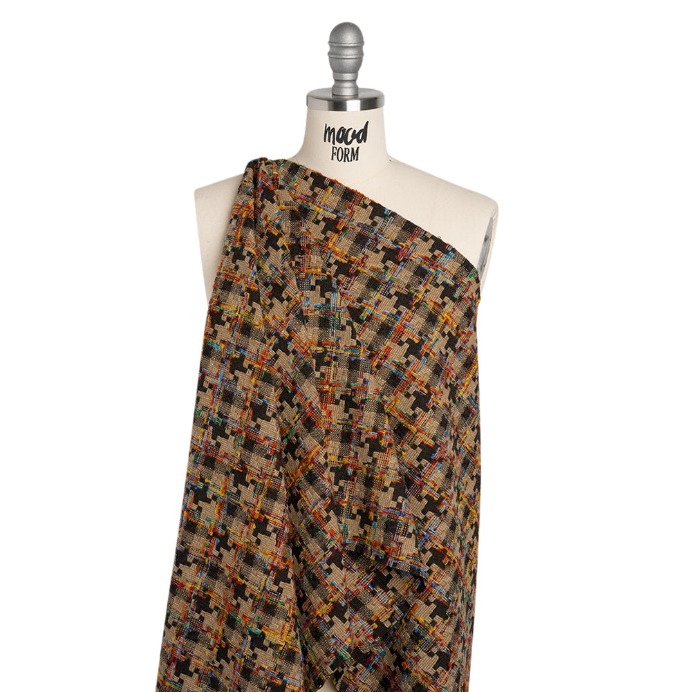 Wool Blend Tweedy Boucle Woven - Brown, Beige and Rainbow Blocky Houndstooth - Joann Fabrics