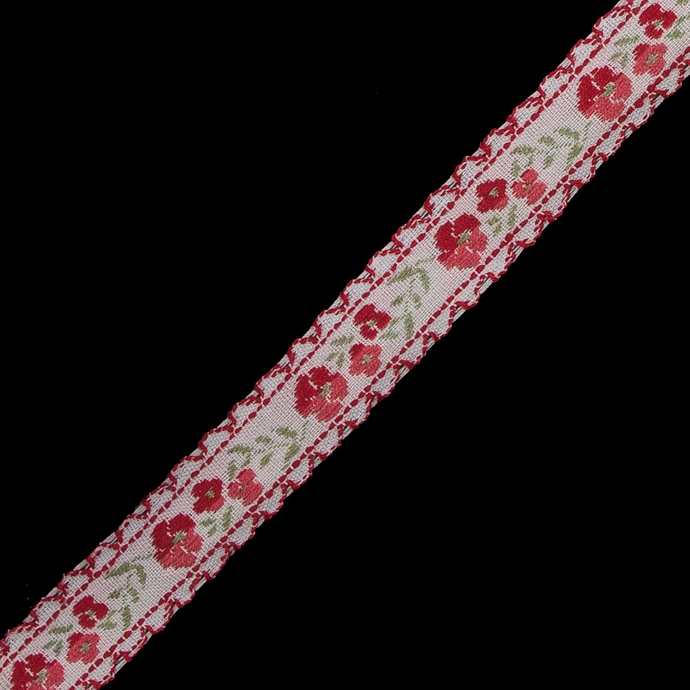Red and Pale Gray Floral German Jacquard Ribbon - 0.5