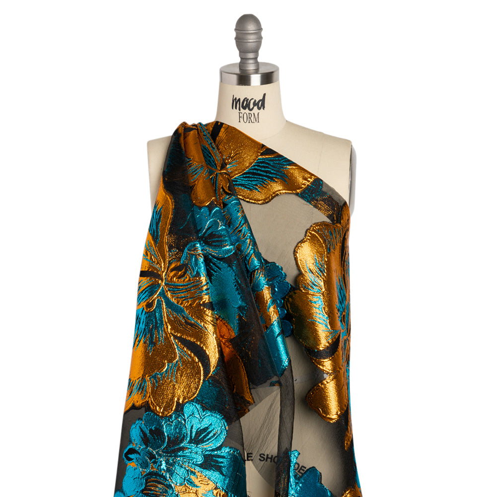 Metallic Teal, Orange and Black Fantastic Flowers Luxury Burnout Brocade - Joann Fabrics