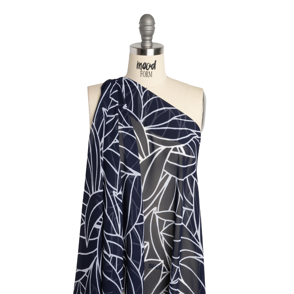 Polyester Chiffon - Navy Blue and White Overlapping Leaves - Designer Deadstock - Joann Fabrics