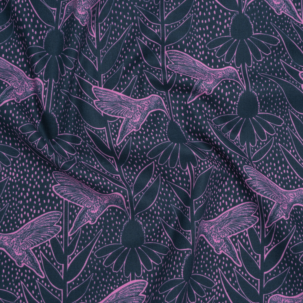 Printed Quilting Cotton by Anna Maria Textiles for Northcott - Navy Hummingbirds and Coneflowers - Indelible Ink Collection - Joann Fabrics