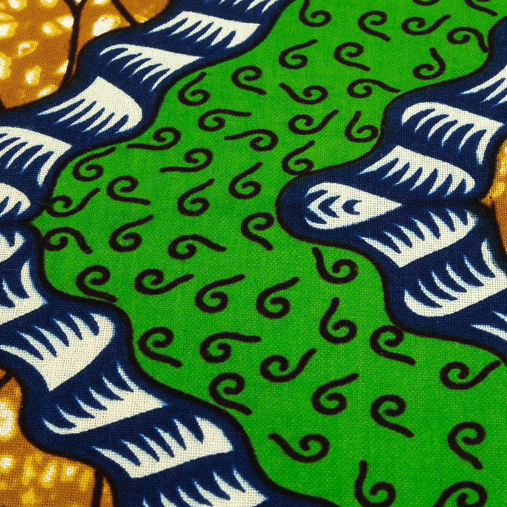 Green, Estate Blue and Tan Wavy Zig Zags Cotton Supreme Wax African Print - Joann Fabrics
