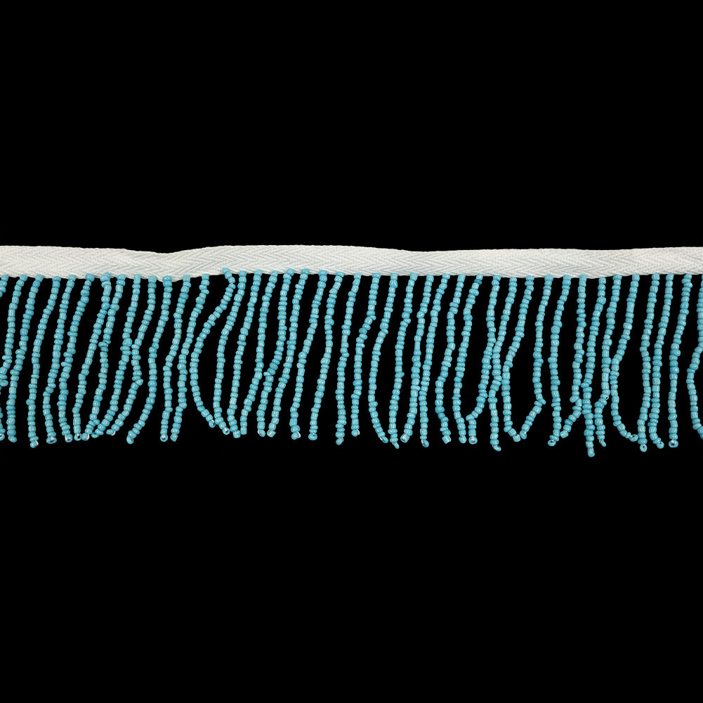 Vintage Opaque Turquoise and White Seed Beaded Chainette Fringe - 2