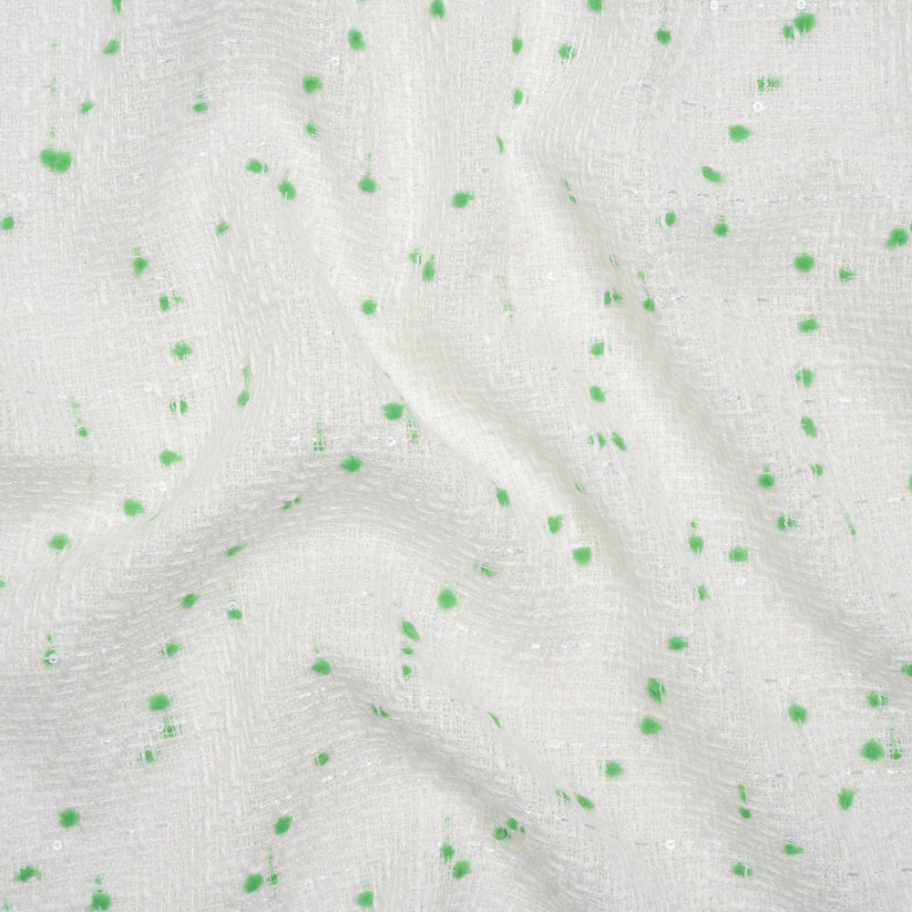 Polyester Pom Pom Tweed with Baby Sequins - White and Kelly Green - Deadstock - Joann Fabrics