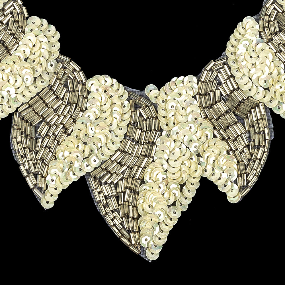 Vintage Fancy White Sequins and Bugle Beaded Neckline Applique - 7.625