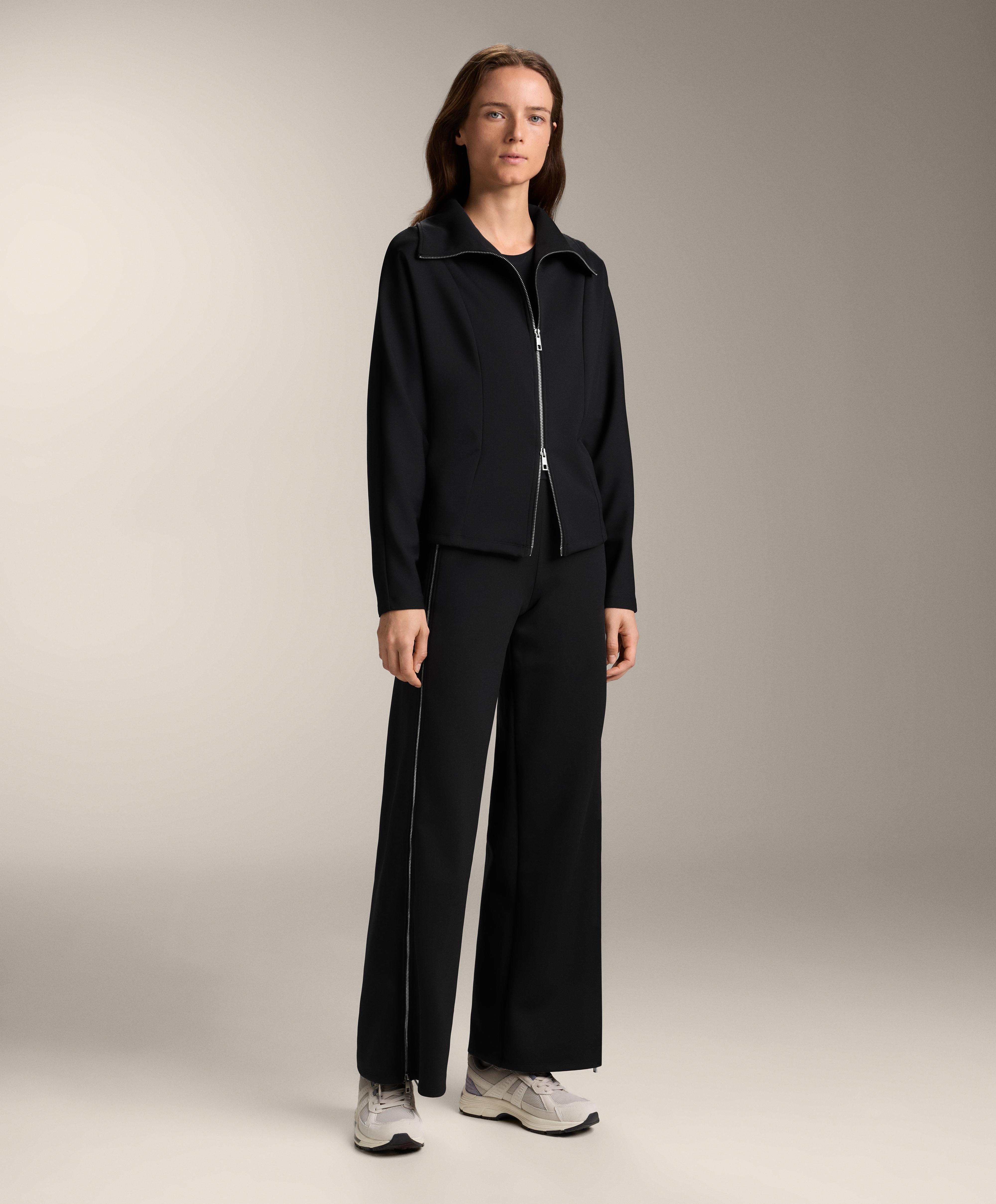 High-rise, full-length neoprene effect trousers with zip