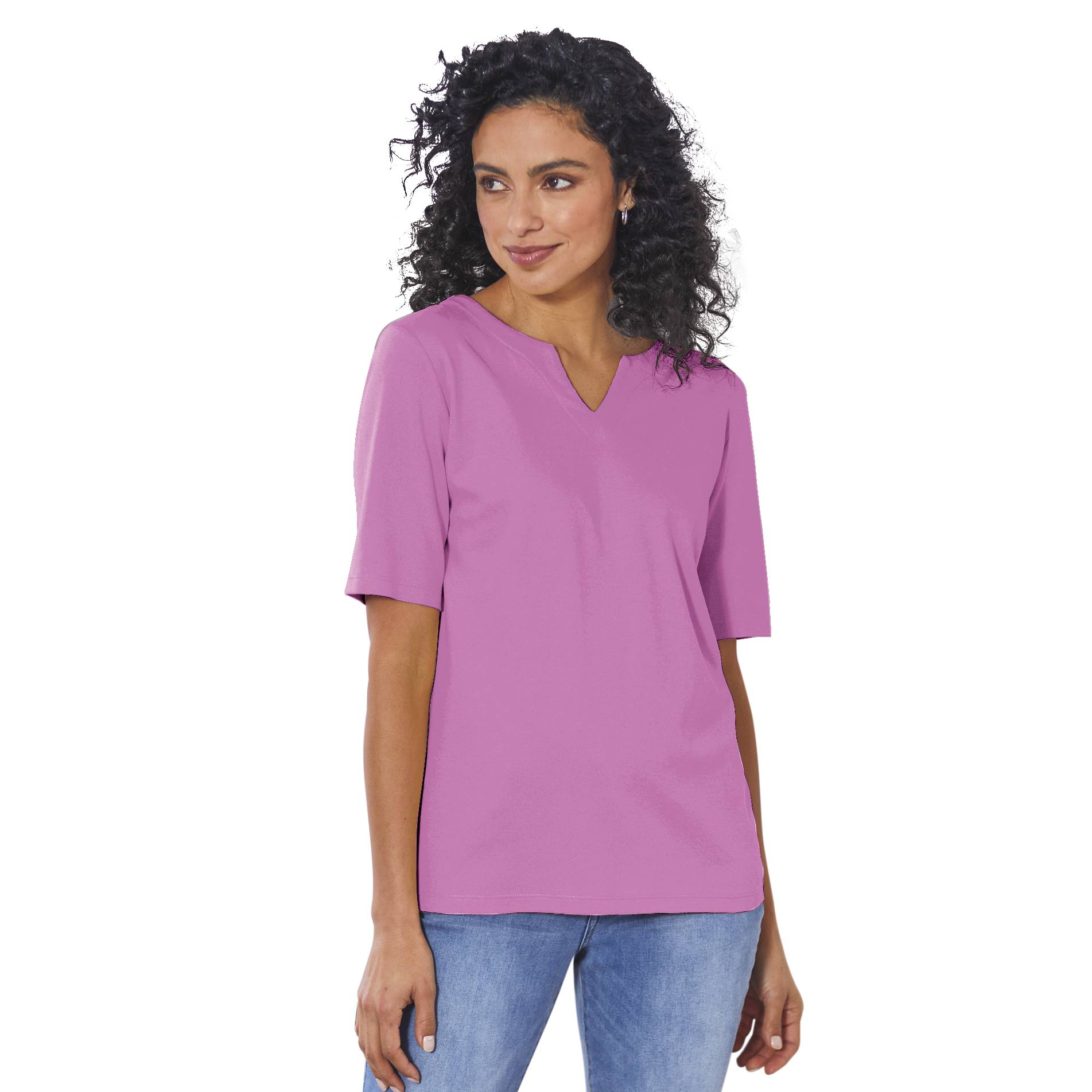 Supima Cotton Knit Split Neck Top, Elbow-Length Sleeves - Northstyle Catalog