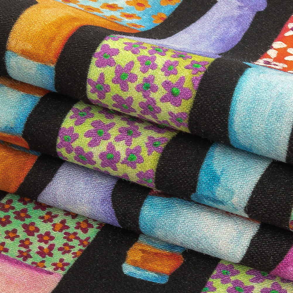 Stretch Cotton Sateen - Rainbow Bottles on Black - Pop Bottle Parade Print - Mood Exclusive Sugar Collection - Joann Fabrics
