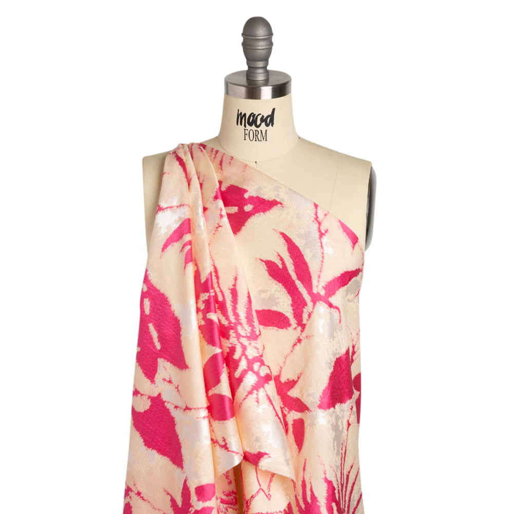 Hot Pink, White and Beige Soft Leaves Lightweight Polyester and Viscose Luxury Brocade - Joann Fabrics